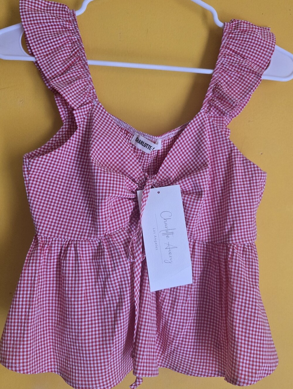 NWT Charlotte Avery Red Gingham Ruffle Tie Front Tank. Size S